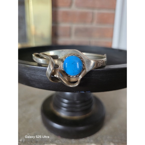 Vintage Silver Plated Fork Bracelet Turquoise Colored Stone Bangle Boho Hippy - Picture 2 of 10